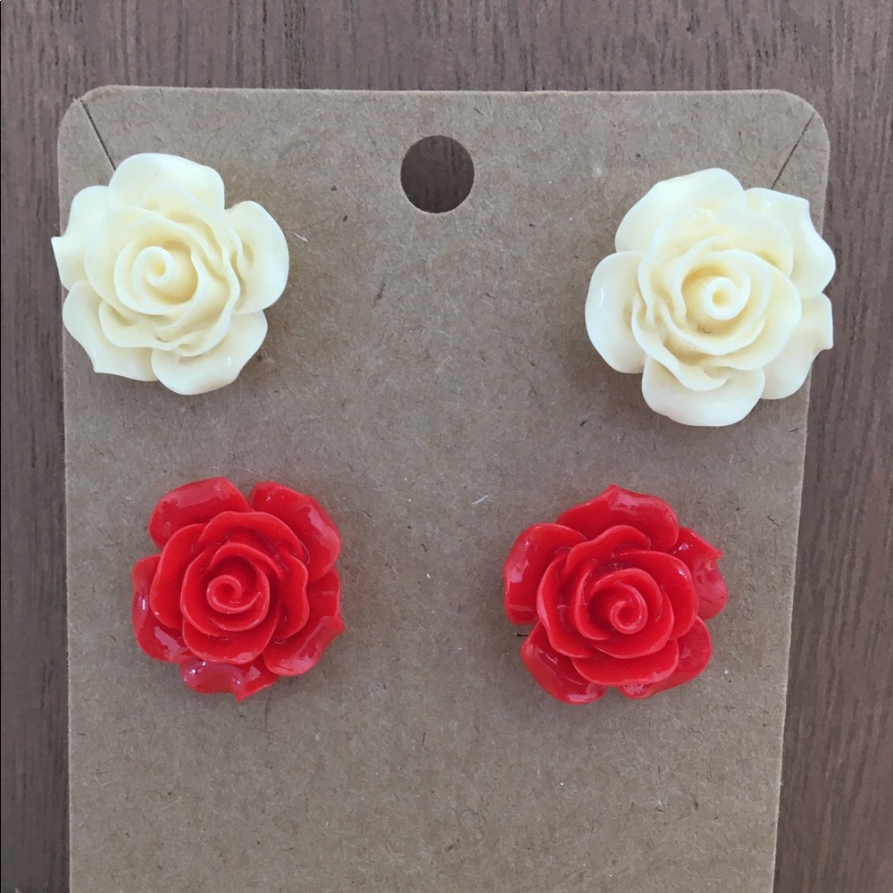 Large Red & Cream/Corn Silk Resin Rose Earrings